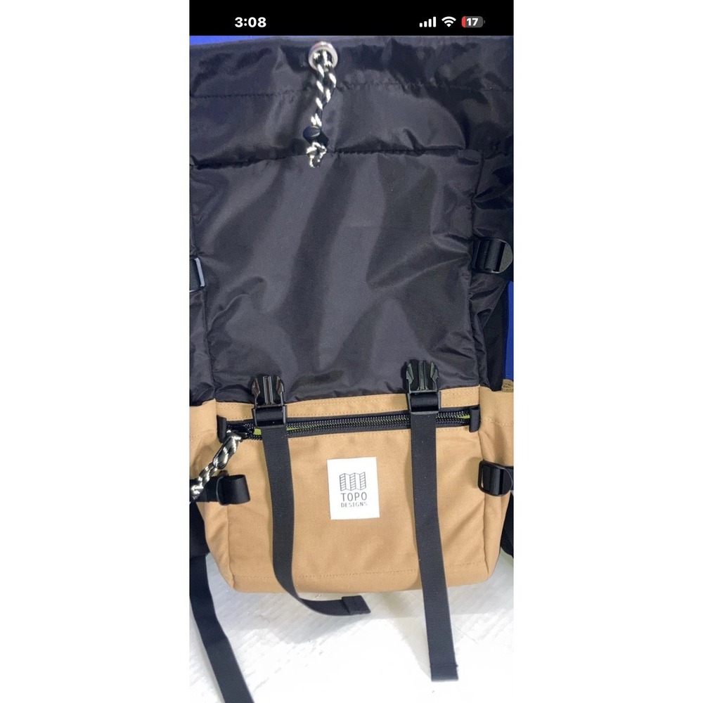 Topo Designs Hiking Backpack Black Brown Canvas Padded Straps External Pockets